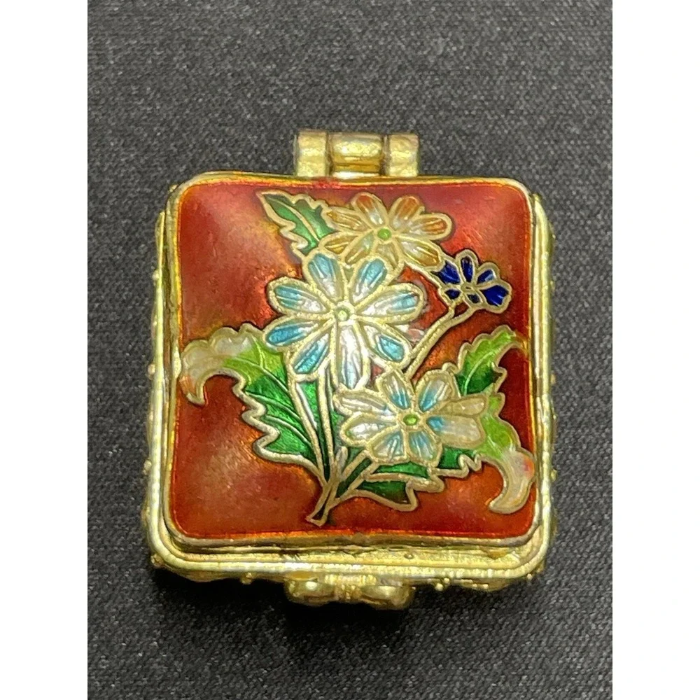 Vintage 1960 Cloisonne Red Orange Floral Hinged Lid Blue Inside Trinket Pill Box